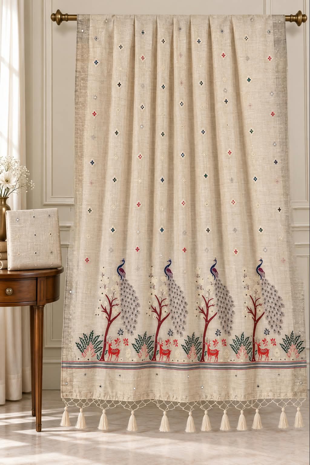 The Peacock Grove Beige Cotton Saree