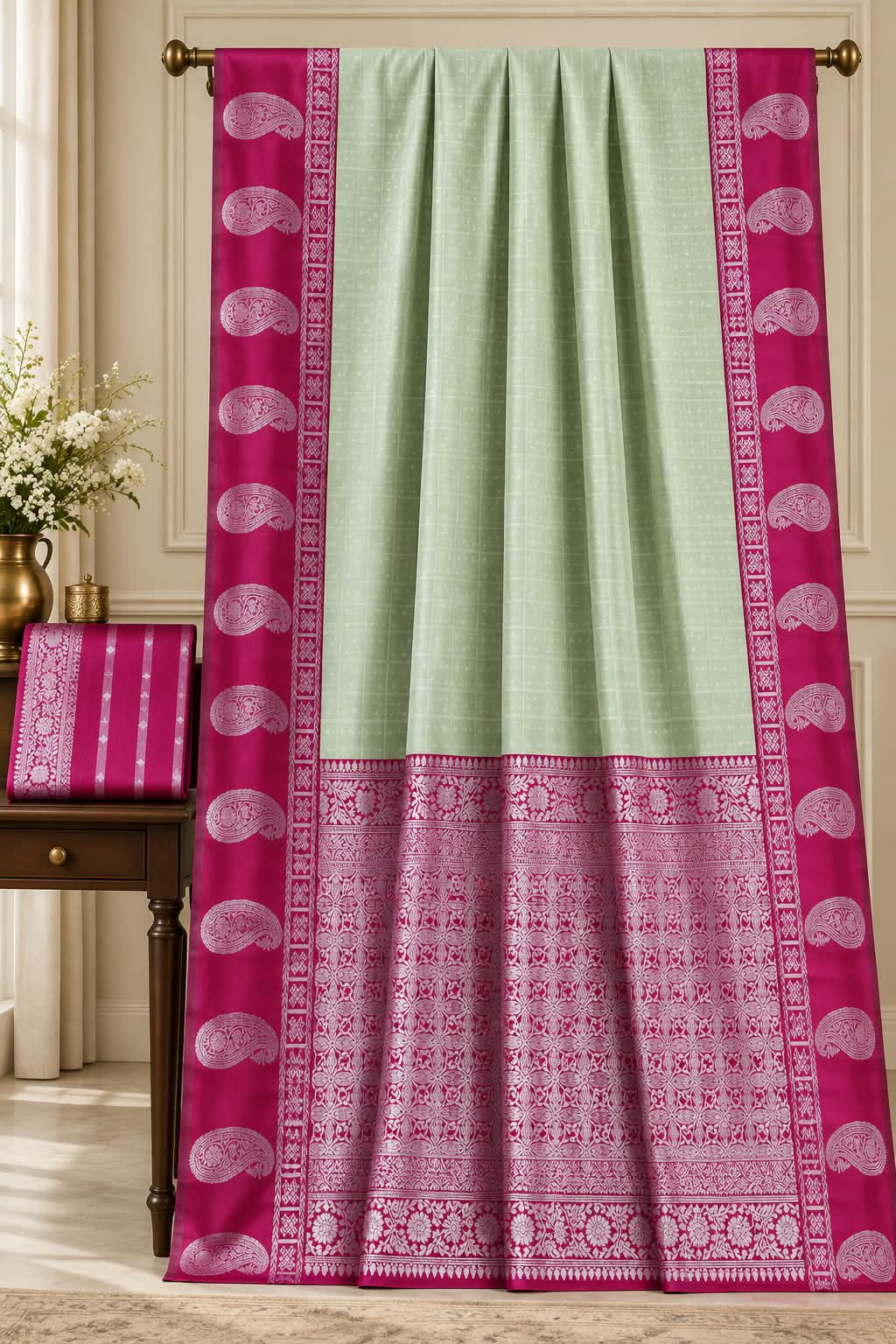 Exotic Mint-Green and Deep Magenta Pink Kanjivaram Style Mercerized Saree