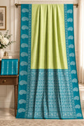 Lime-Gold and Royal Turquoise Azure Kanjivaram Style Mercerized Saree Featuring Intricate Silver Zari Woven Kalka Motifs
