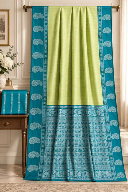 Lime-Gold and Royal Turquoise Azure Kanjivaram Style Mercerized Saree Featuring Intricate Silver Zari Woven Kalka Motifs