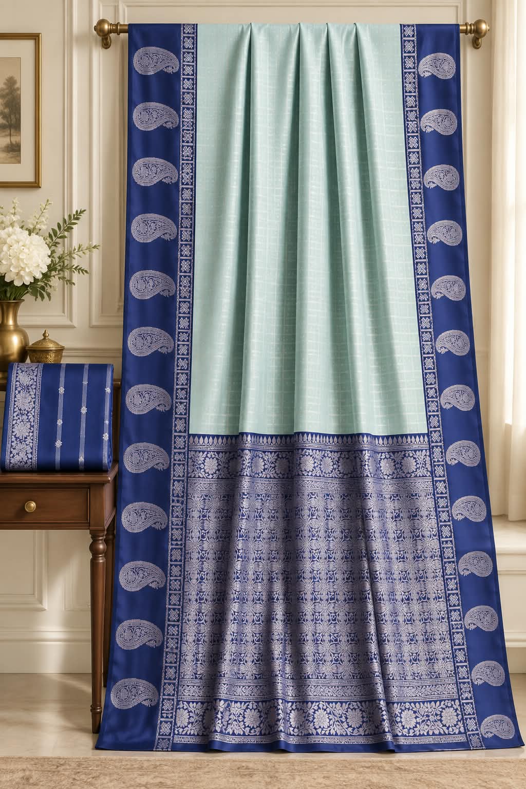 Shahi Indigo & Mint Checkered Saree
