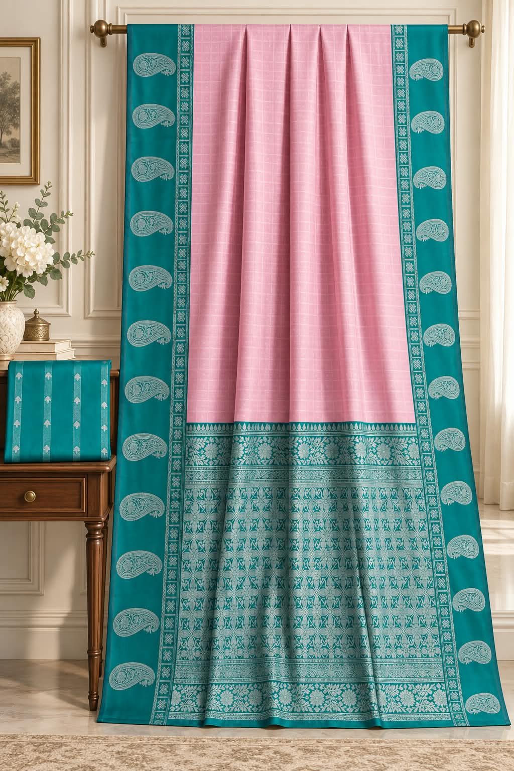 Pastel Pink and Peacock Teal Kanchipuram Silk Saree