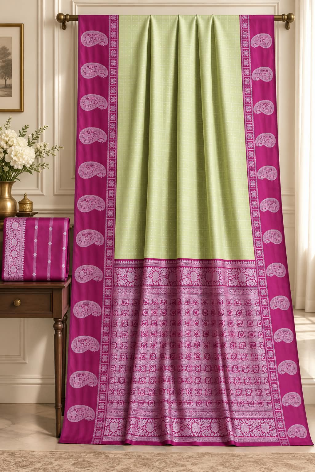 Traditional Kanjivaram Silk Saree in Lime Green with Contrast Pink Zari Border