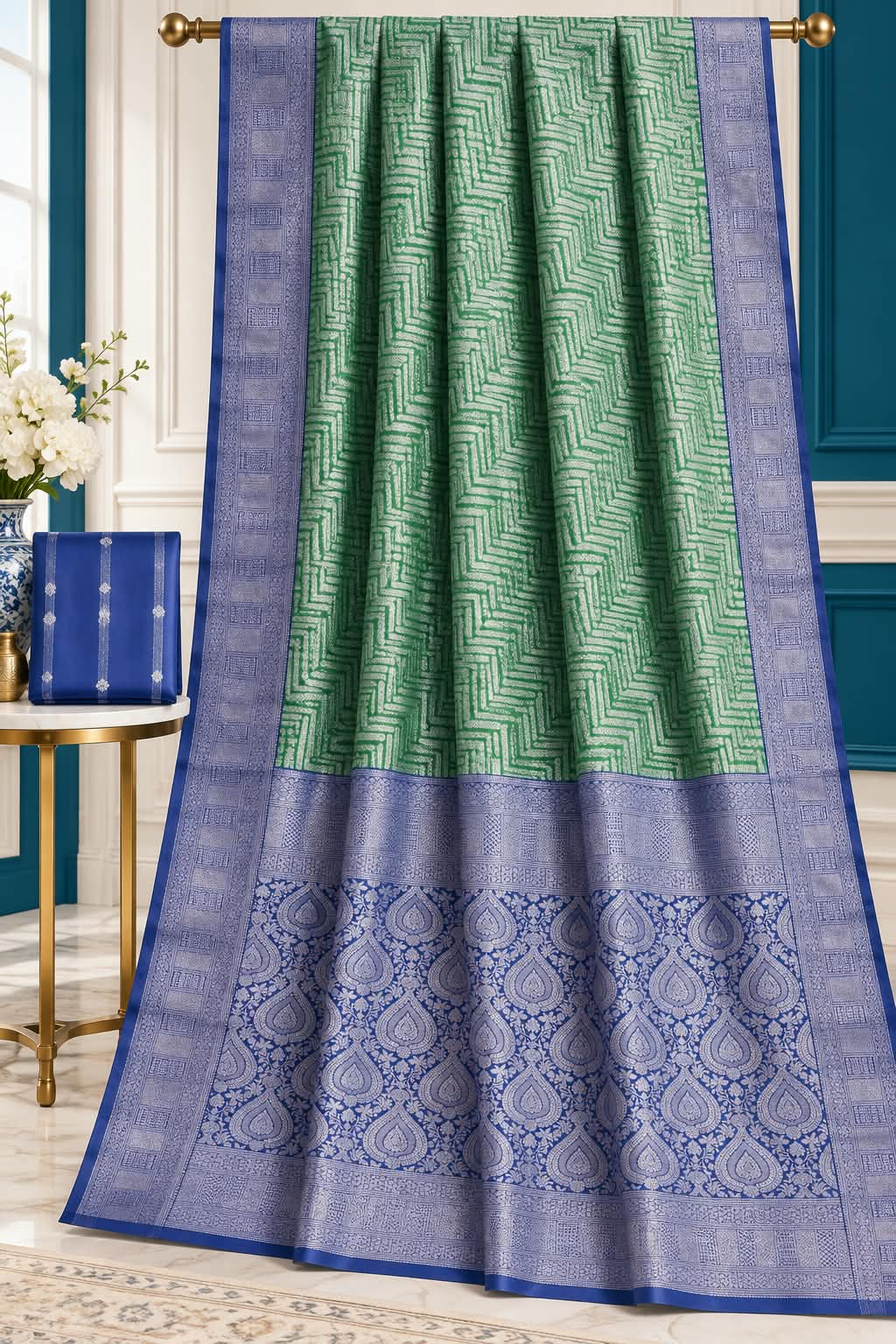 The Diya Heritage Chevron Green and Indigo Blue Kanchi Pattu Saree