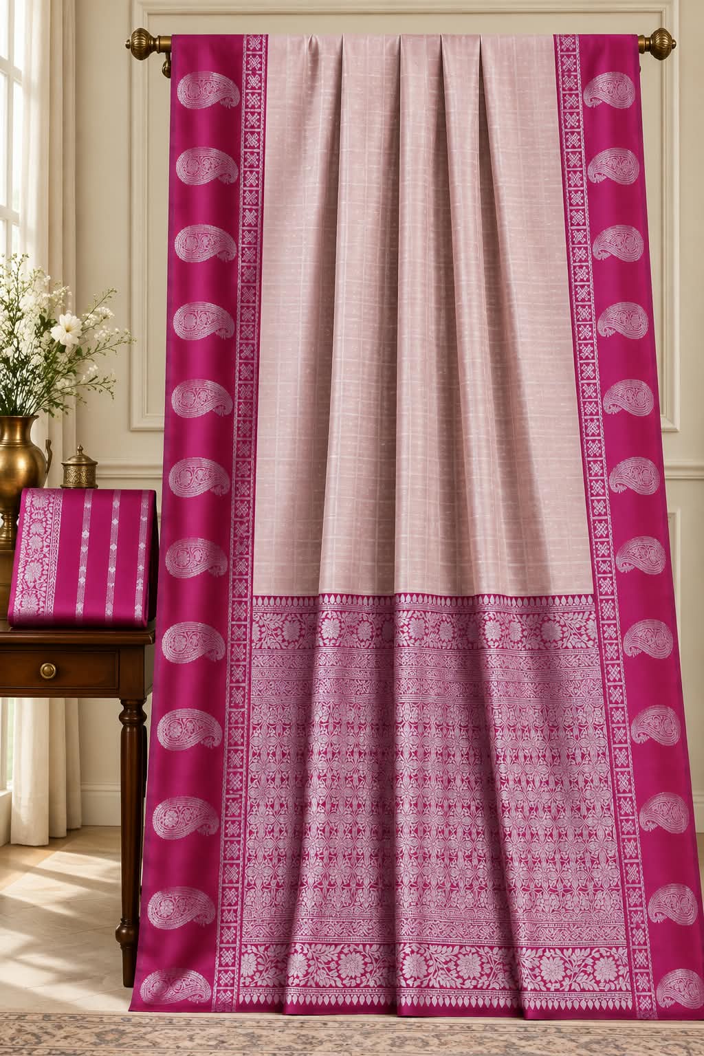 Luxury Light Peach & Magenta Kanchipuram Silk Saree with Silver Paisley Border