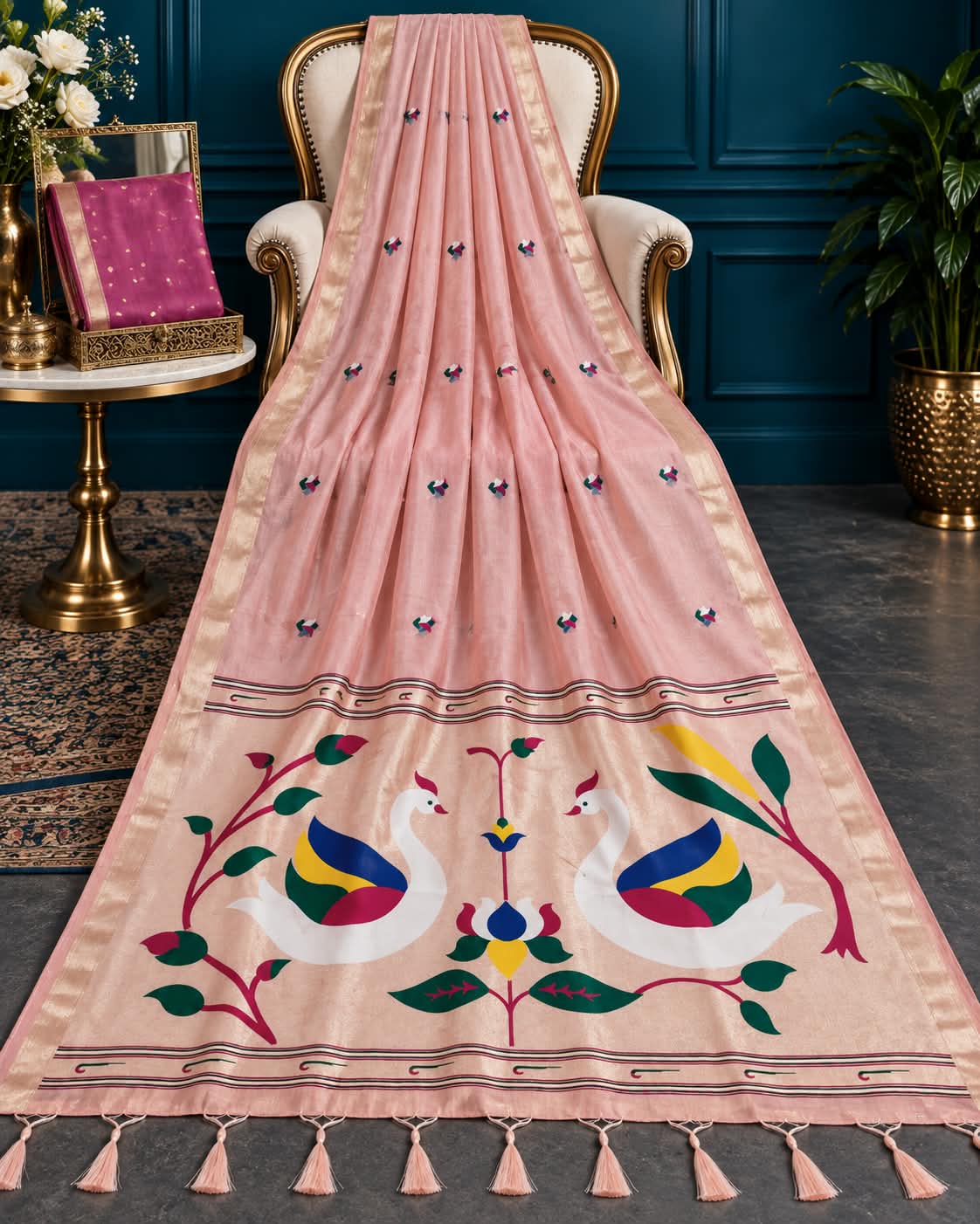 Pastel Rose Designer Indian Saree Featuring Dual Golden Zari Framed Borders and Hand-Knotted Tassels