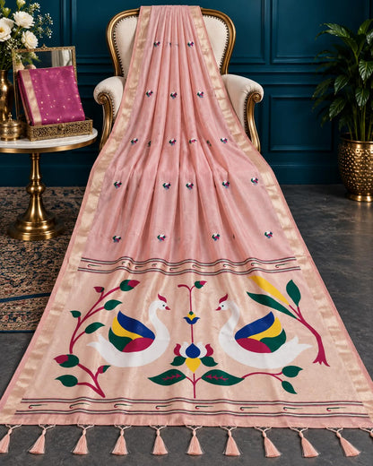 Pastel Rose Designer Indian Saree Featuring Dual Golden Zari Framed Borders and Hand-Knotted Tassels