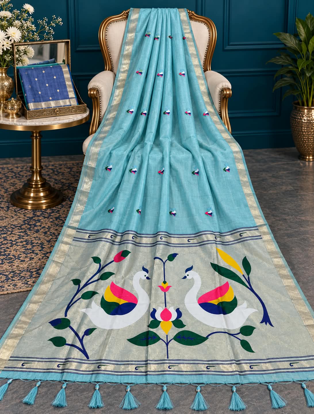 Imperial Sky Harmony Handcrafted Powder Blue Paithani Draped Saree