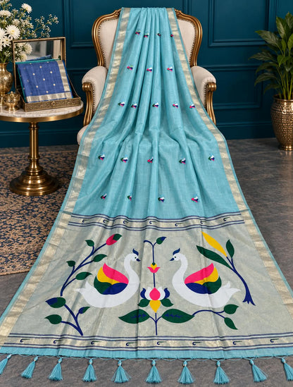 Imperial Sky Harmony Handcrafted Powder Blue Paithani Draped Saree