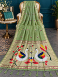 Luxury Light Olive Green Saree with Intricate Handwoven Bird Tapestry and Dual Zari Borders