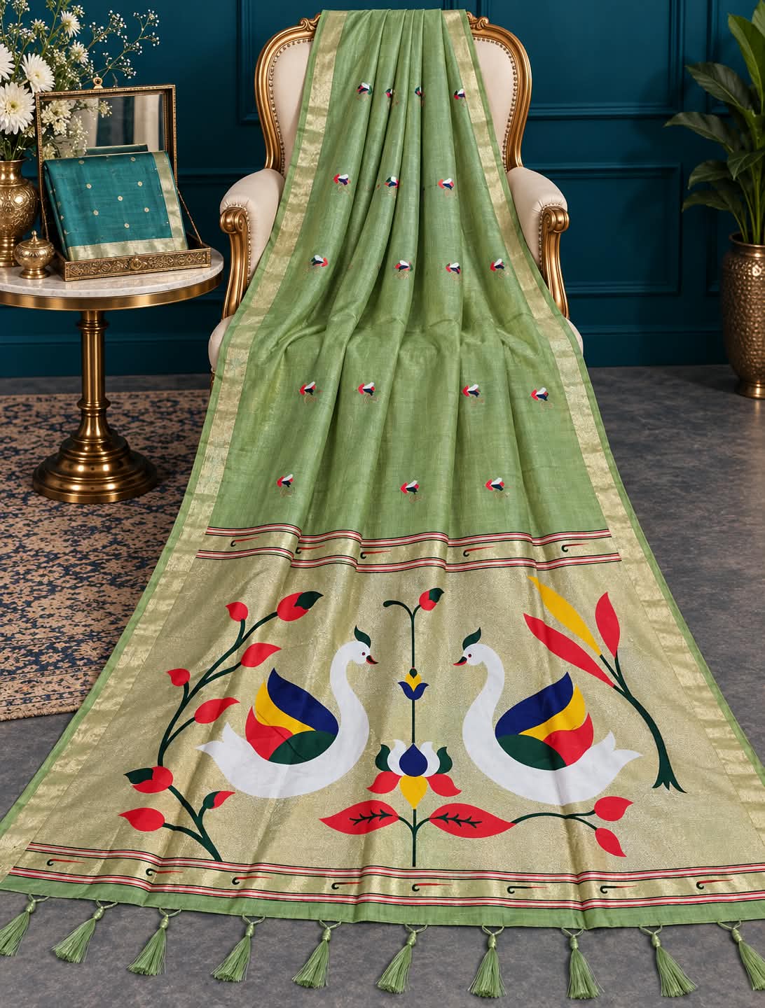Luxury Light Olive Green Saree with Intricate Handwoven Bird Tapestry and Dual Zari Borders