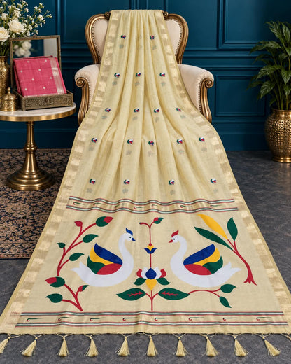 Haldi and Festivals Light Creamy Yellow Handloom Saree