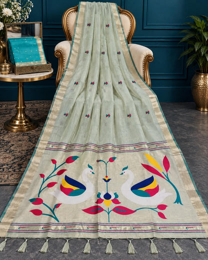 Designer Light Teal-Gray Festive Saree Featuring Dual-Sided Metallic Zari Borders