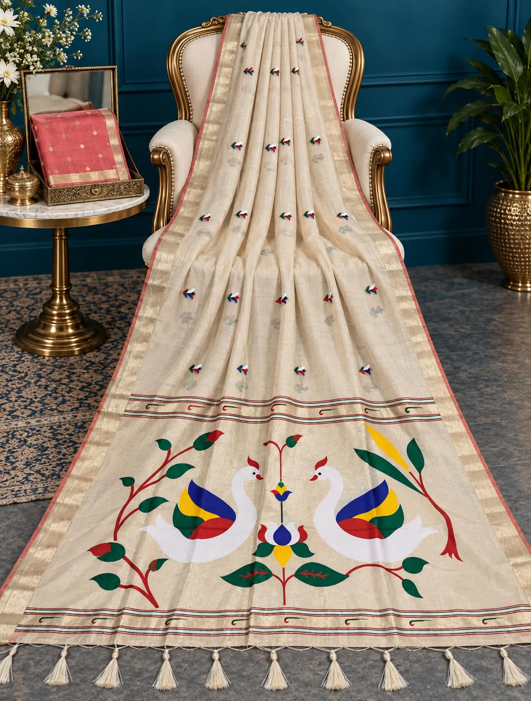 Vintage Off-White Festive Draped Masterpiece featuring Traditional Maharashtrian Resham Butti Weaving