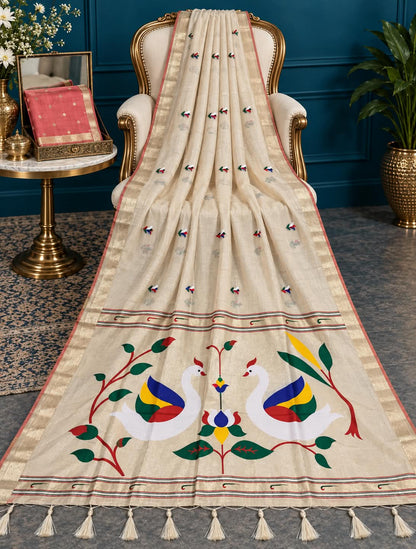 Vintage Off-White Festive Draped Masterpiece featuring Traditional Maharashtrian Resham Butti Weaving