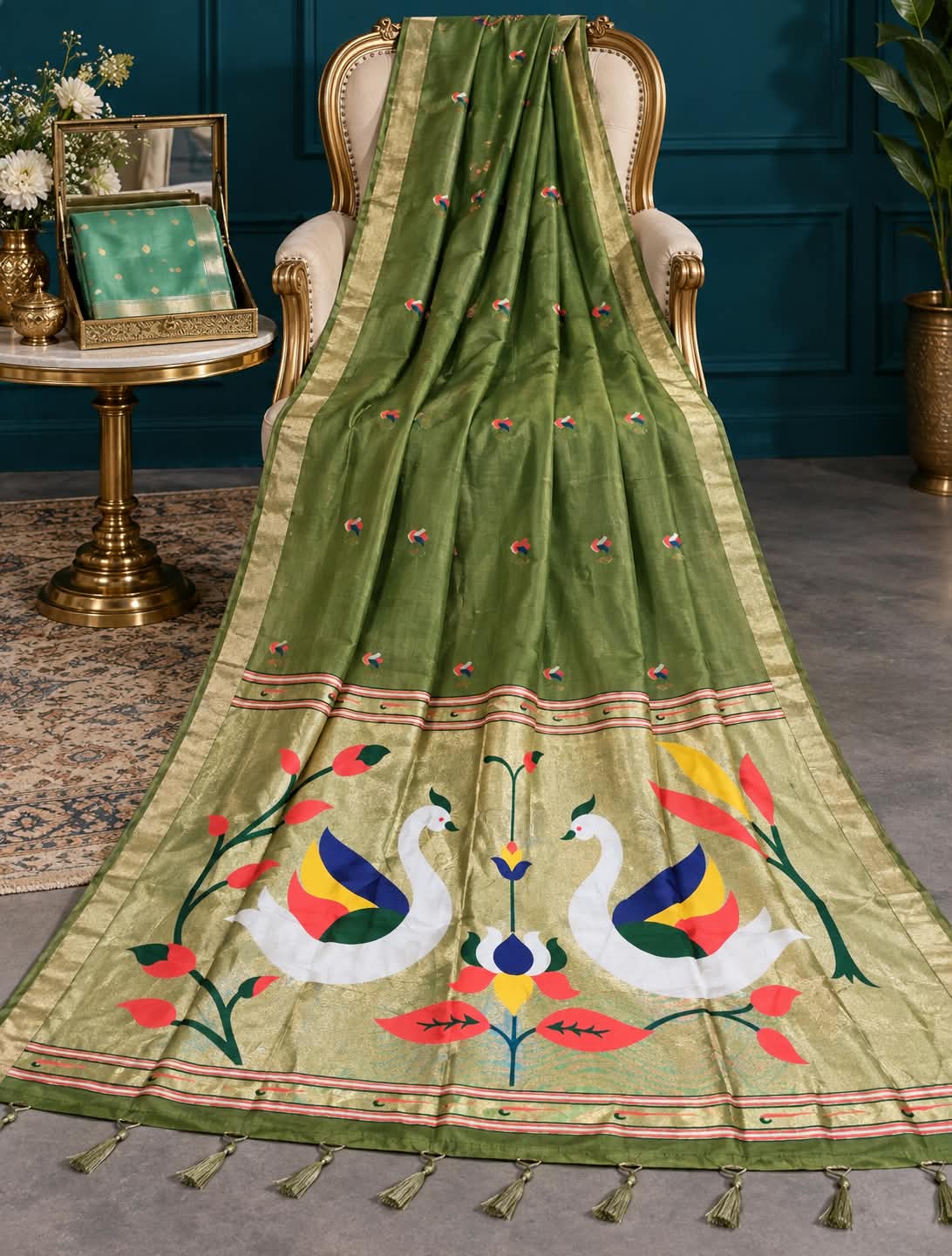 The Peshwa Chronicles Luxury Handloom Moss Green Saree with Intricate Kaddi Pallu
