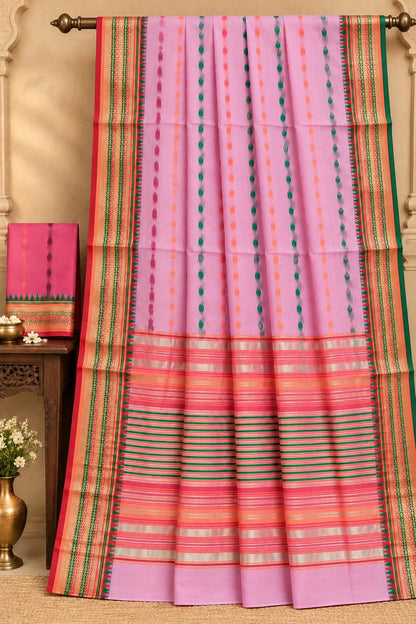 Handloom Kota Doria Cotton Saree with Ikat Buti Patterns and Striped Zari Border