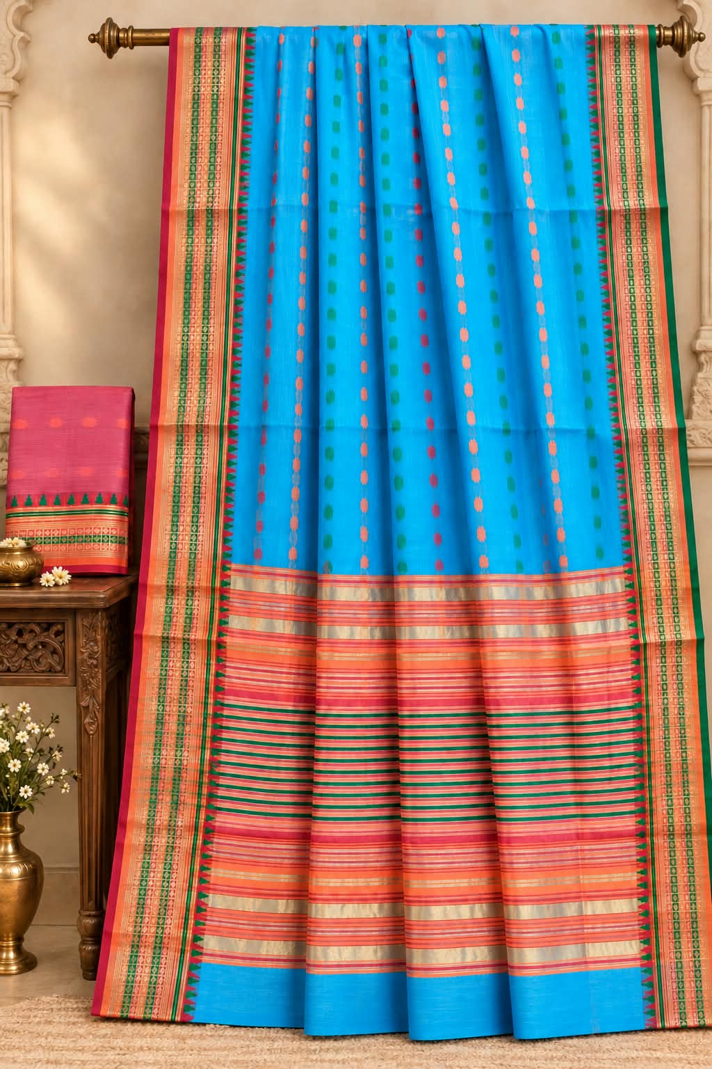 Elegant Cotton Silk Woven Saree with Striped and Dotted Pattern