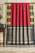 Fuchsia Pink Kanchipuram Saree with Charcoal Black Architecture Pallu and Ochre Gold Accent Grids