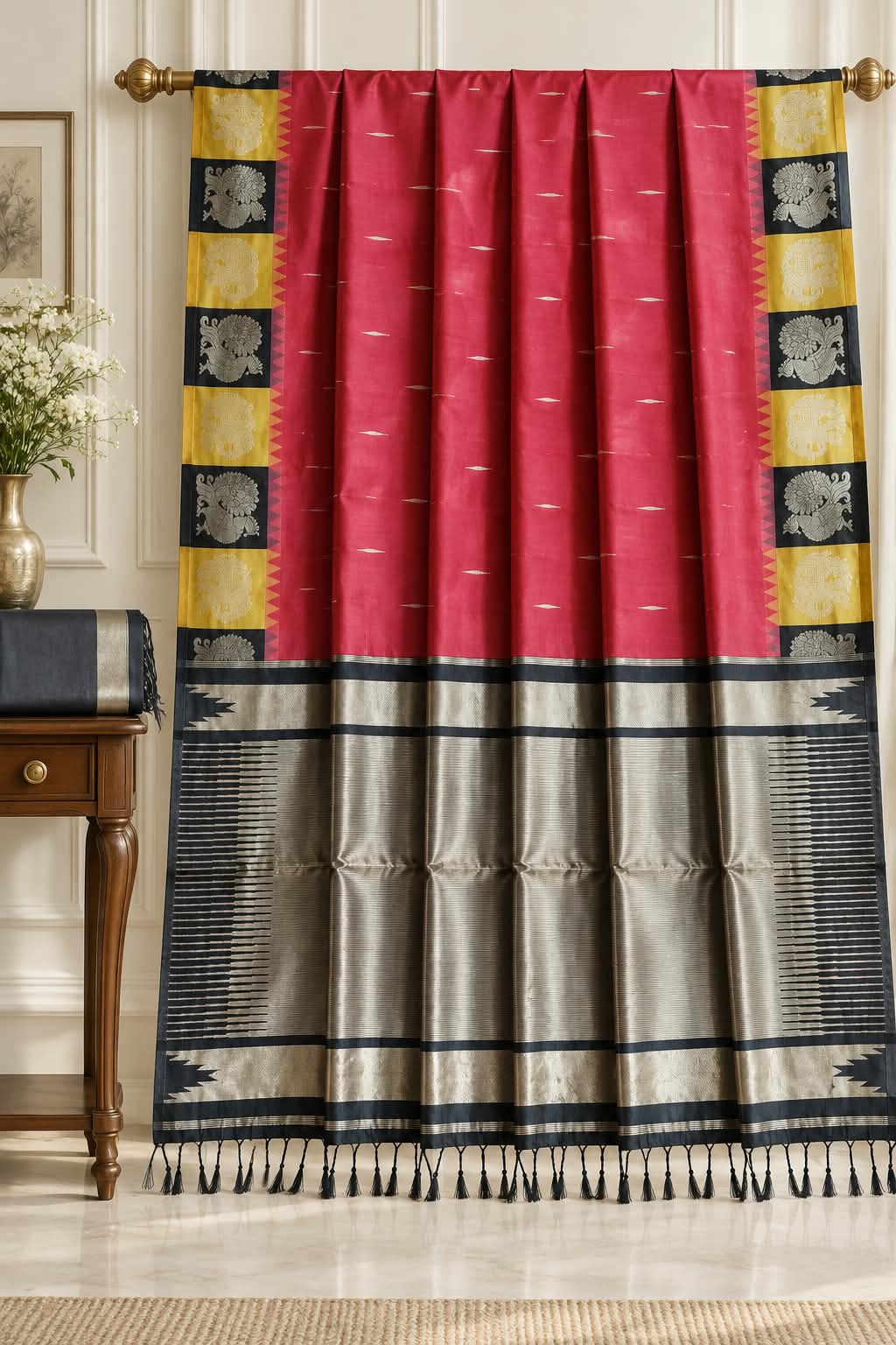 Fuchsia Pink Kanchipuram Saree with Charcoal Black Architecture Pallu and Ochre Gold Accent Grids