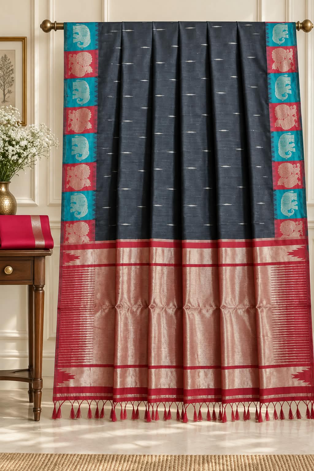 The Architectural Slate Charcoal Kanchipuram Saree