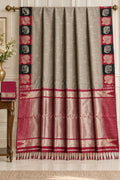 Muted Charcoal Grey Kanchipuram Saree with Crimson Temple Border and Traditional Elephant-Peacock Motif Bands