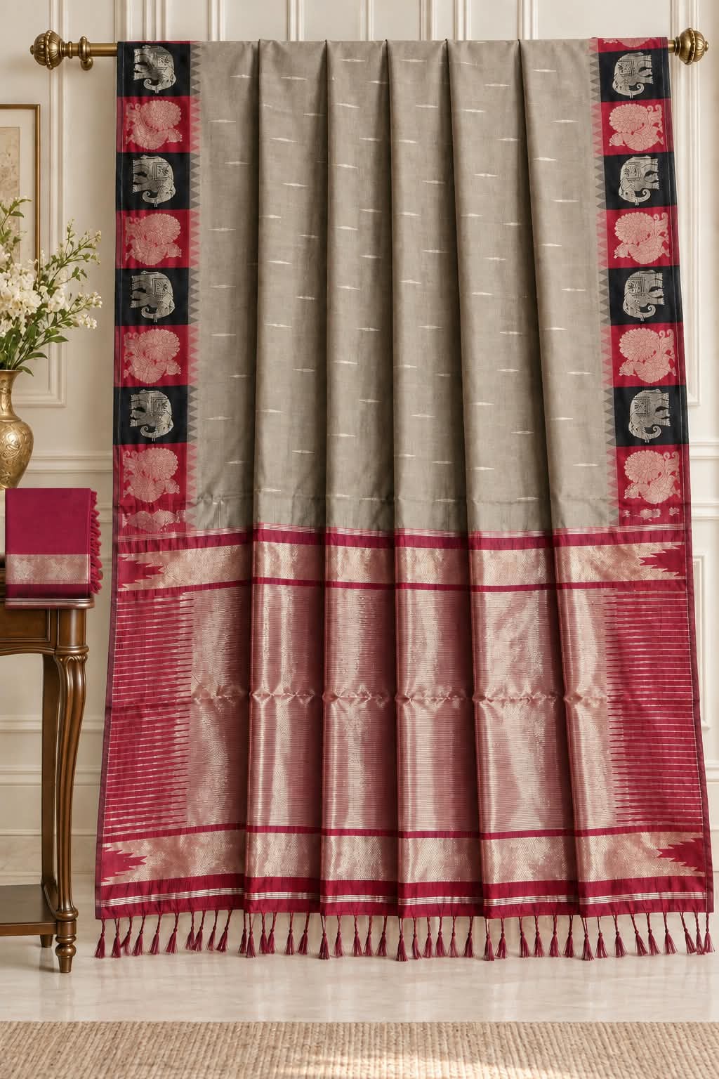 Muted Charcoal Grey Kanchipuram Saree with Crimson Temple Border and Traditional Elephant-Peacock Motif Bands