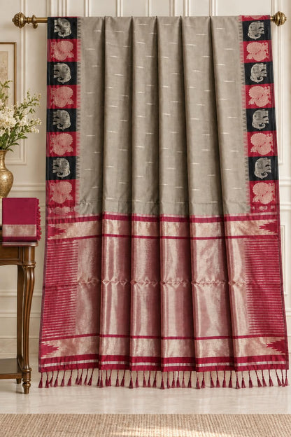 Muted Charcoal Grey Kanchipuram Saree with Crimson Temple Border and Traditional Elephant-Peacock Motif Bands