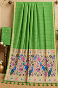 Zavyar Luxe Mint Leaf Green Cotton Paithani Saree