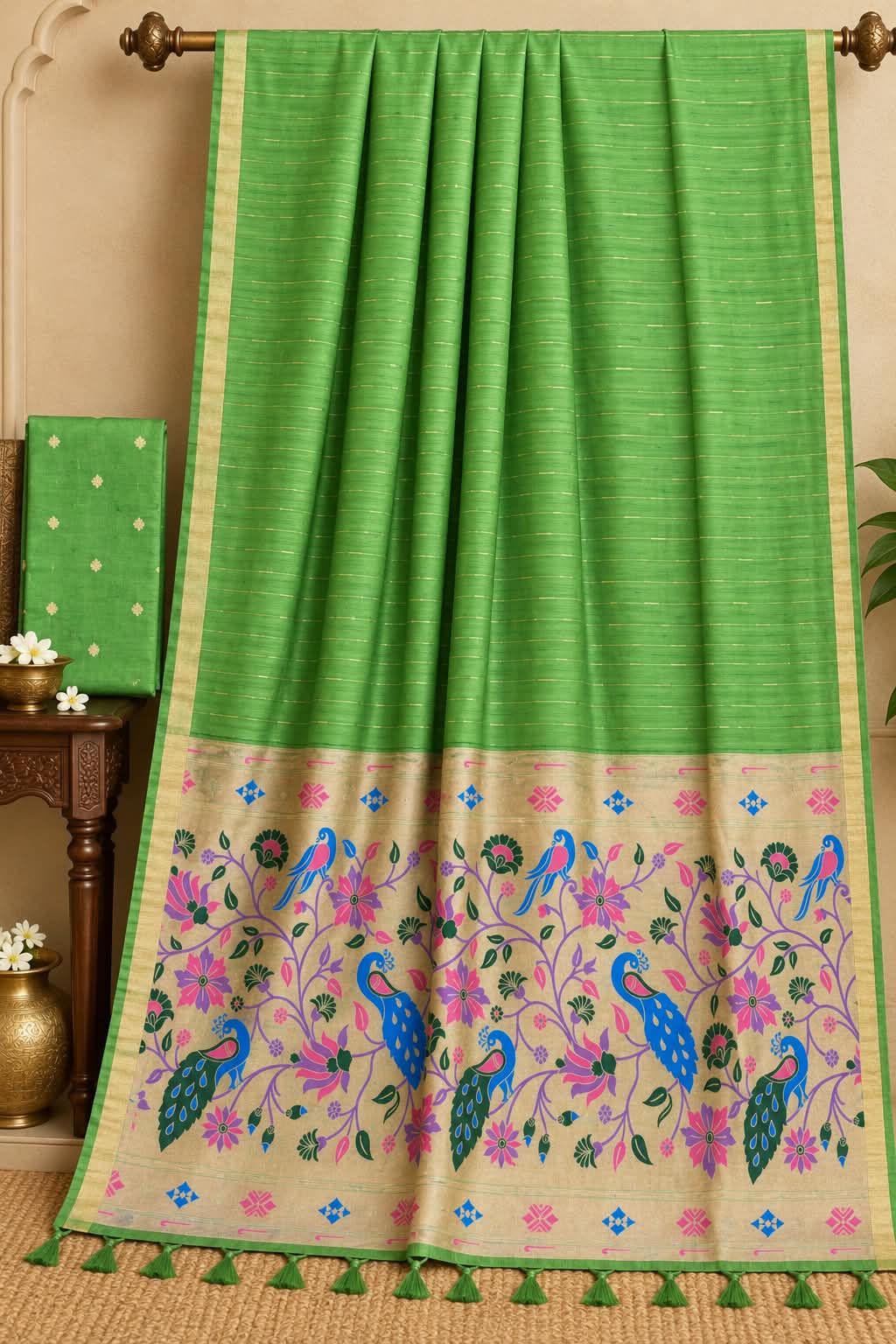 Zavyar Luxe Mint Leaf Green Cotton Paithani Saree