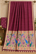 The Vineyard Meena Handloom-Texture Wine Cotton Paithani Saree