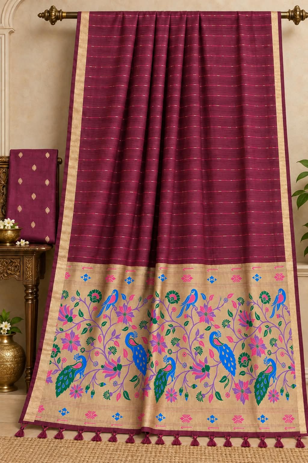 The Vineyard Meena Handloom-Texture Wine Cotton Paithani Saree