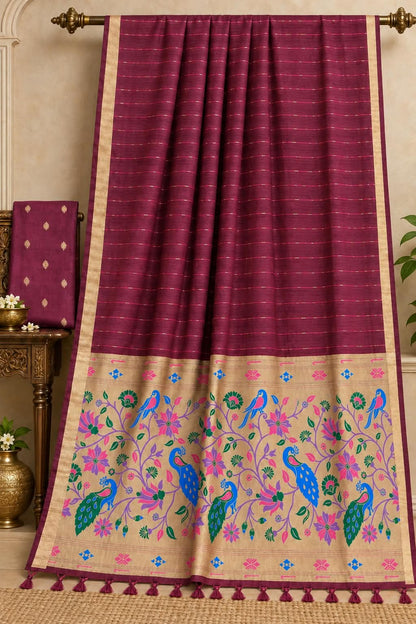 The Vineyard Meena Handloom-Texture Wine Cotton Paithani Saree