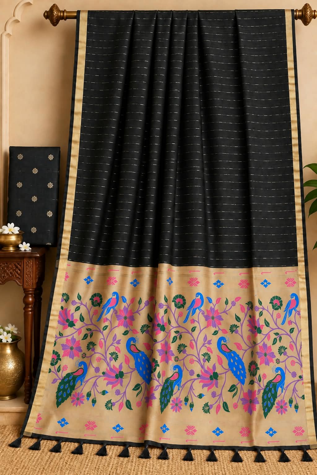 The Royal Midnight Luminous Jet Black Premium Cotton Paithani