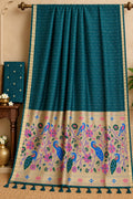 Featuring Royal Blue Meena Peacock Motifs and Intricate Contrast Floral Vines Saree