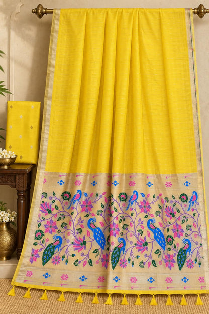 The Sunlit Orchard Bright Mustard Yellow Premium Cotton Paithani Saree