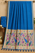 The Peacock’s Sky Vibrant Azure Blue Premium Cotton Paithani Saree