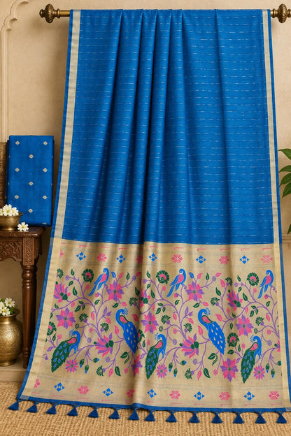 The Peacock’s Sky Vibrant Azure Blue Premium Cotton Paithani Saree
