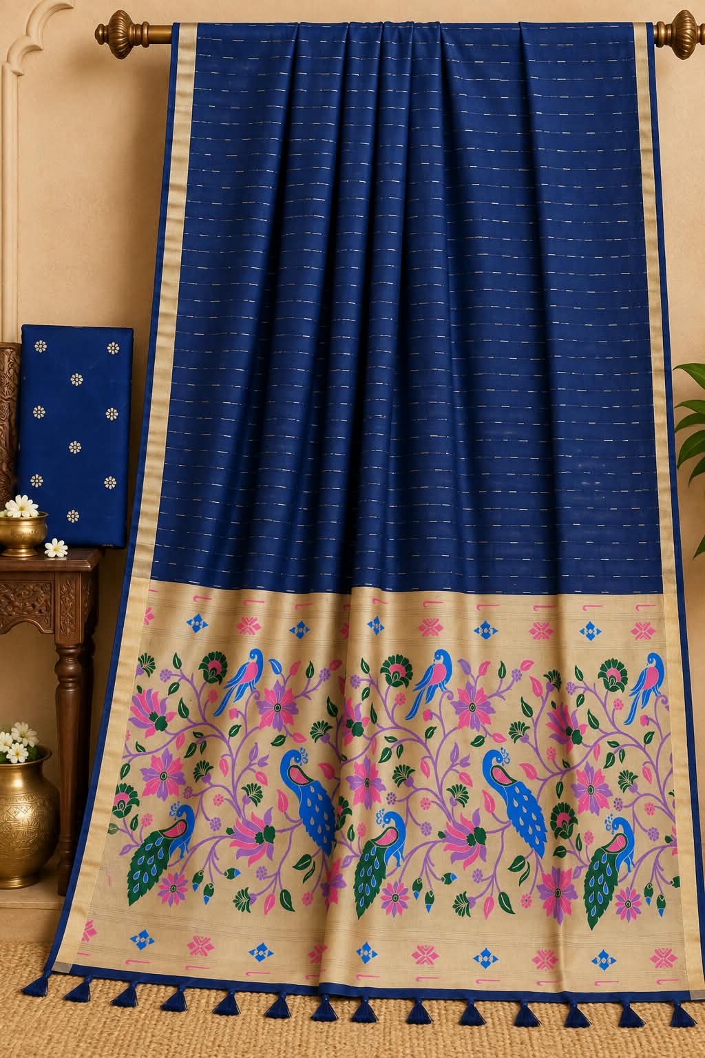 Indigo Blue Paithani Saree with Floral Peacock Weave Saree