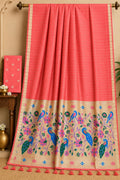 The Peach Blossom Meadow Coral Pink Premium Cotton Paithani Saree