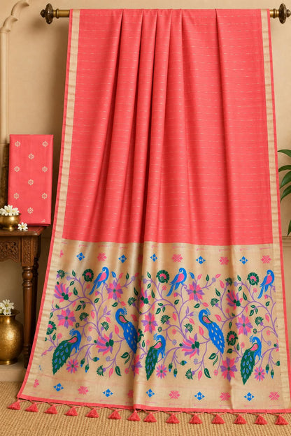The Peach Blossom Meadow Coral Pink Premium Cotton Paithani Saree