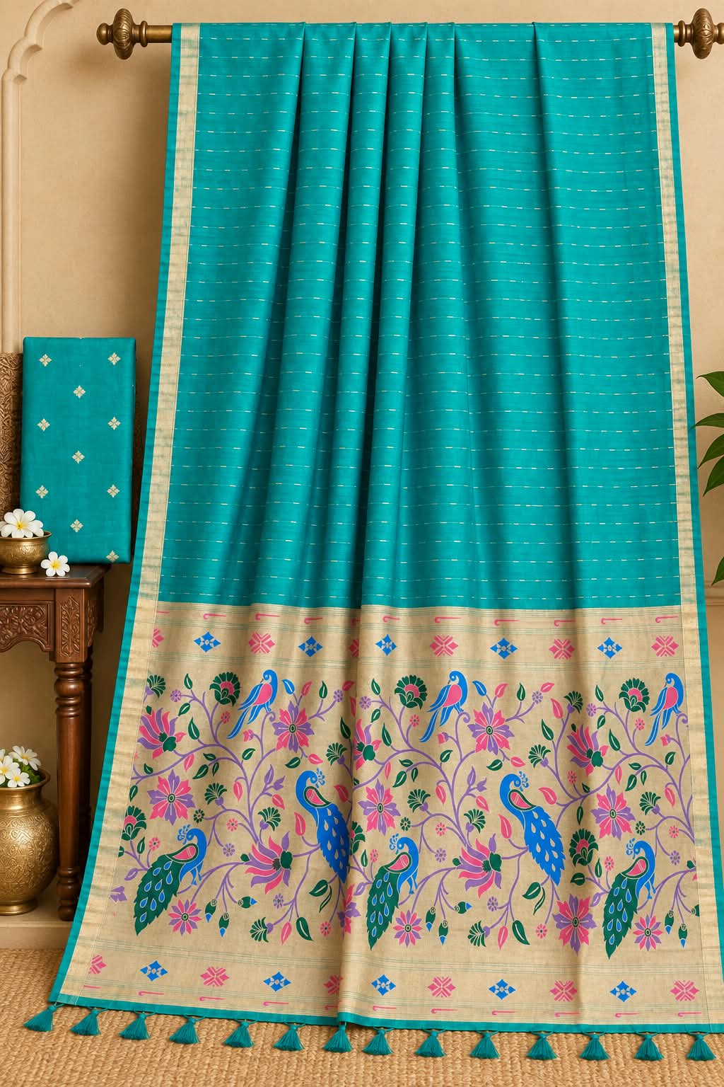 The Peacock’s Oasis Teal Blue Premium Cotton Paithani Saree
