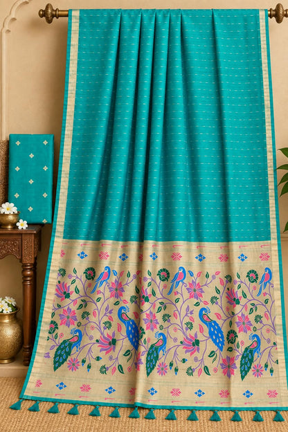 The Peacock’s Oasis Teal Blue Premium Cotton Paithani Saree