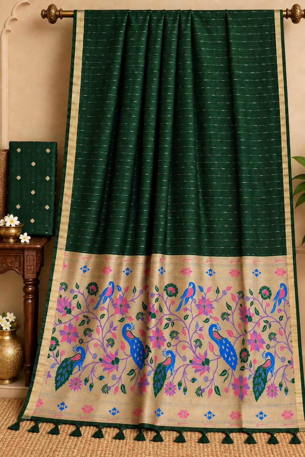 Zavyar Festive Dark Green Cotton Saree