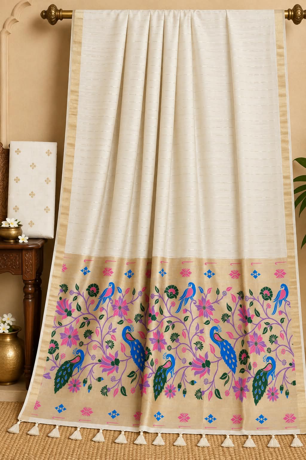 Off-White Pure Cotton Paithani Saree with Woven Peacock Pallu