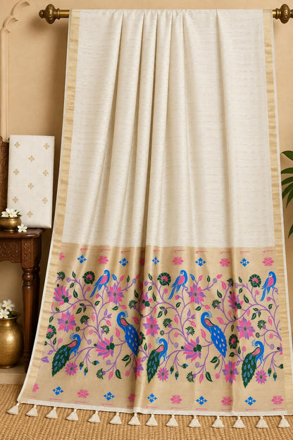 Off-White Pure Cotton Paithani Saree with Woven Peacock Pallu