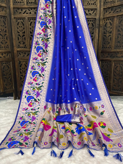 Imperial Blue Soft Silk Paithani Saree with Elegant All-Over Woven Zari Bootis and Traditional Meenakari Peacock Motif Pallu