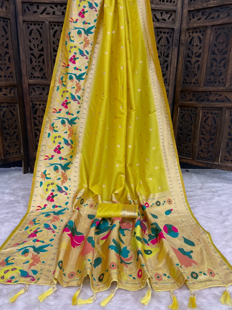Mustard Yellow Silk Paithani Saree with Woven Zari Meenakari Pallu