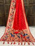 Bridal Red Pure Silk Paithani Saree with Woven Golden Zari Butti and Handcrafted Traditional Meenakari Peacock Pallu