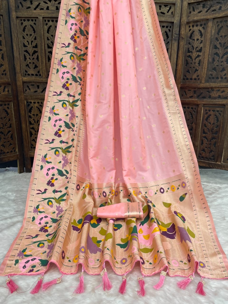 Divine Light Pink Soft Silk Multicolored Saree